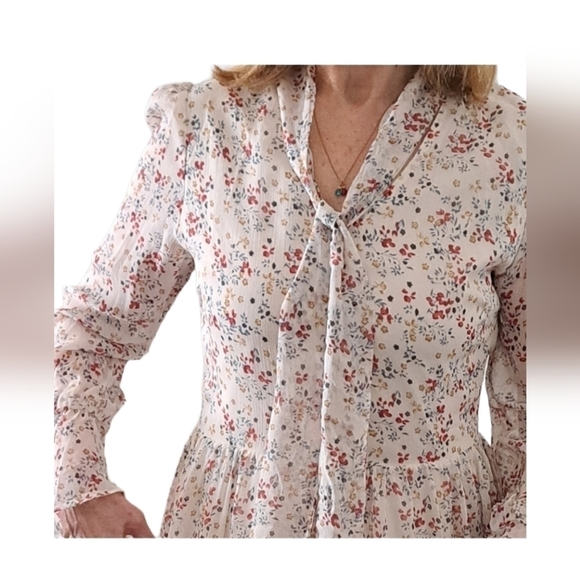 Romantic bohemian tiny floral chiffon sleeves summer dress lined hi low hem S - Picture 2 of 16